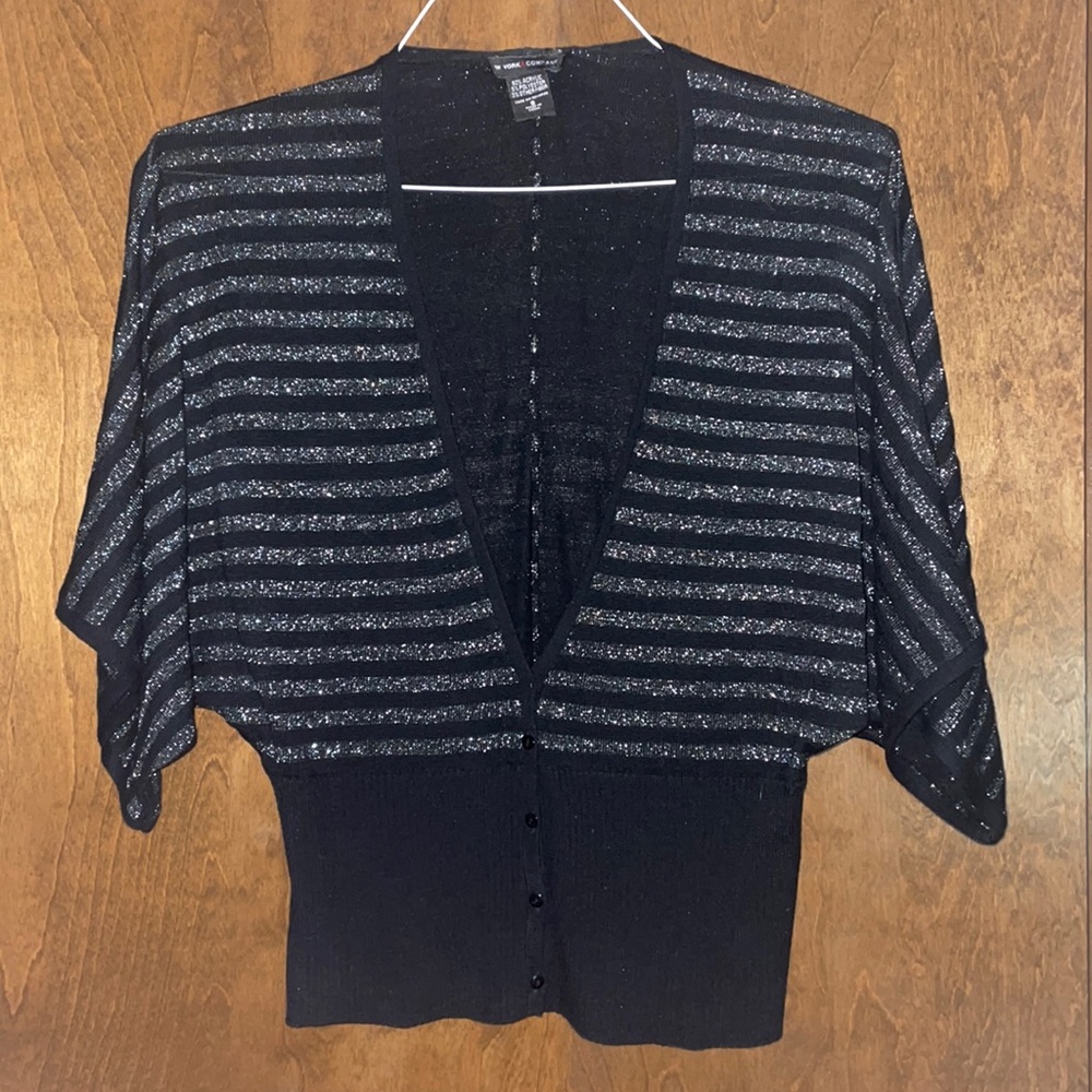 New York & Company Black and Silver Striped Cardigan Sweater, Wide 3/4 Sleeves